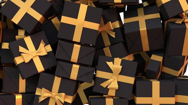 3D animation of black gift boxes falling on white background, Big Sale or Special Limited Offer concept