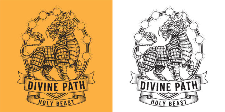 Divine Path Holy Beast Illustration of Armored Kirin Qilin with Celestial Orbs