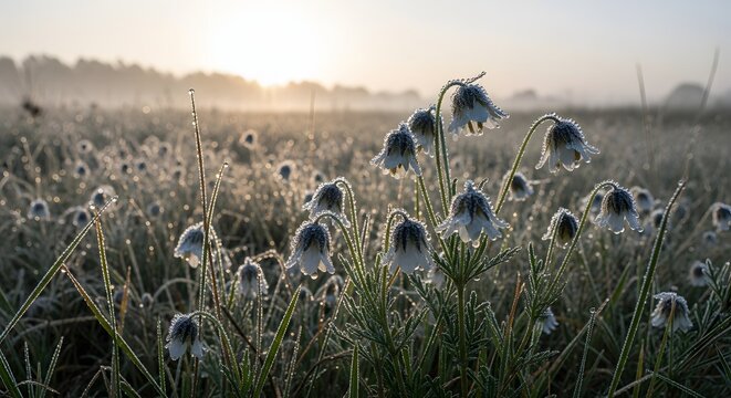 Frost-Covered Wildflowers in a Meadow at Sunrise - Beautiful Morning Hoarfrost on Spring Pasque Flowers in Golden Light
