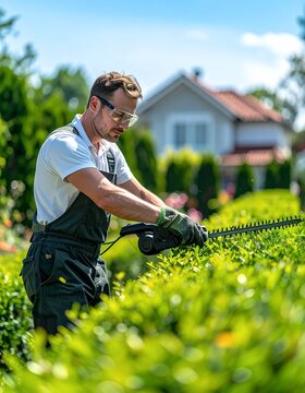 Man Trimming Hedges in Garden with Electric Hedge Trimmer.