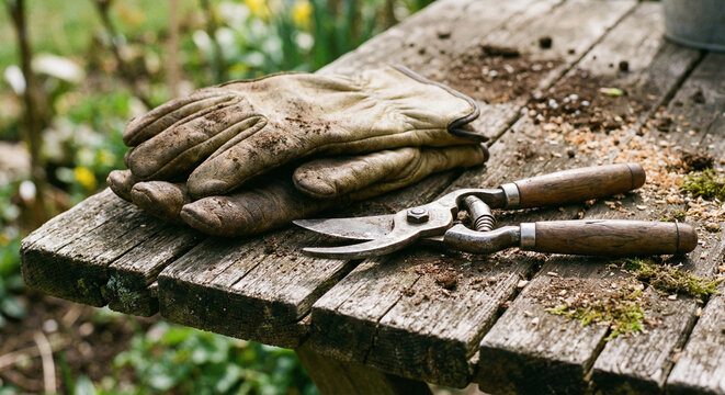 Gloves and a pruning shears on a wooden table
