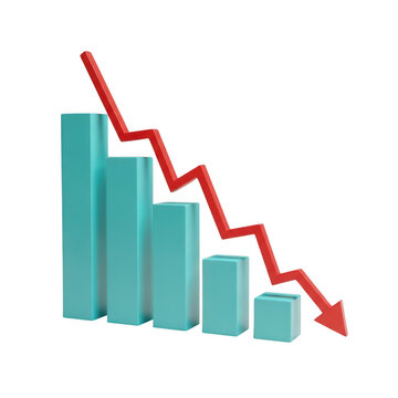 Teal bar chart with red arrow pointing down indicating financial loss downward decrease business