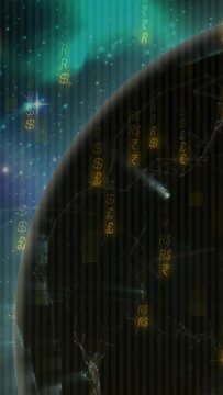 Vertical video: Rotating planet showing lights in space, with gold symbols appearing showing cash
