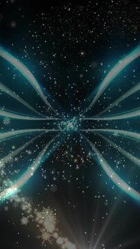 Vertical video: Mirrored teal ribbons pulsing in starfield, center knot glowing, emitting sparks