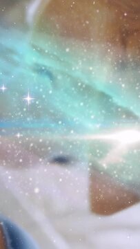 Vertical video: Dog sniffing as camera pulling back, revealing muzzle under AR nebula for marketing