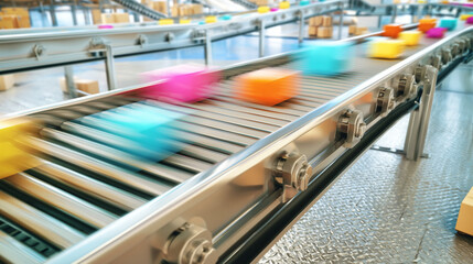 Fototapeta premium Automation in Motion: Colorful Boxes on a Conveyor Belt in a Modern Warehouse for Efficient Supply Chain Logistics