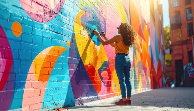 Young Woman Creating Vibrant Graffiti Art on a Brick Wall in an Urban Alley.