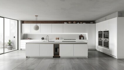 Fototapeta premium Modern minimalist kitchen with sleek white cabinets and island