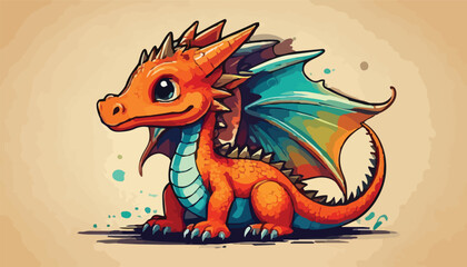 Fototapeta premium Adorable Orange Dragon with Teal Wings in Cartoon Style.