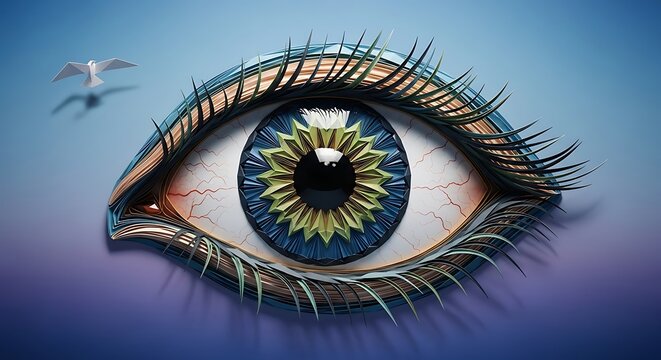 An artistic, stylized human eye with intricate layers and a vibrant blue iris, with a small white bird flying in the background, symbolizing vision and perspective.