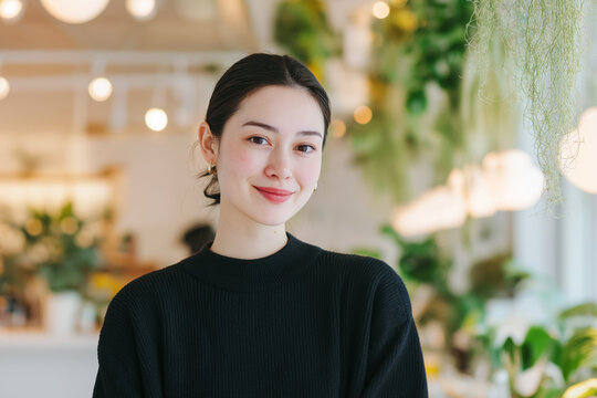 日本人, 女性, 20代, 働く女性, オフィス, 観葉植物, ウェルビーイング, ライフスタイル, 笑顔, ビジネス, コワーキングスペース, クリエイティブ, リラックス, テレワーク, 採用, 求人, 働き方, IT企業, カフェ, サステナブル, ポートレート, グリーン, ボタニカル, 黒髪, まとめ髪, 黒服, 清潔感, 爽やか, 温かみ, 親しみやすい, 自然, エコ, コピースペー
