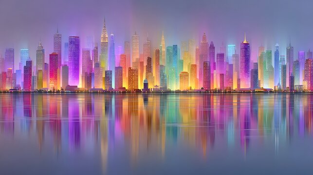 Vibrant city skyline at dusk reflected.