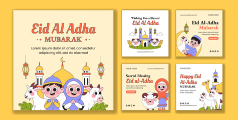 Fototapeta premium Happy Eid Al Adha Flat Cartoon Hand Drawn Social Media Post Background Illustration
