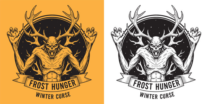 Frost Hunger Winter Curse Wendigo Deer Skull Monster Engraving