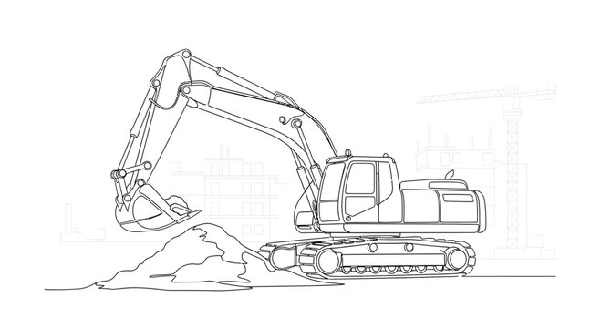 Excavator Digging Soil - Construction Machine Line Art Drawing