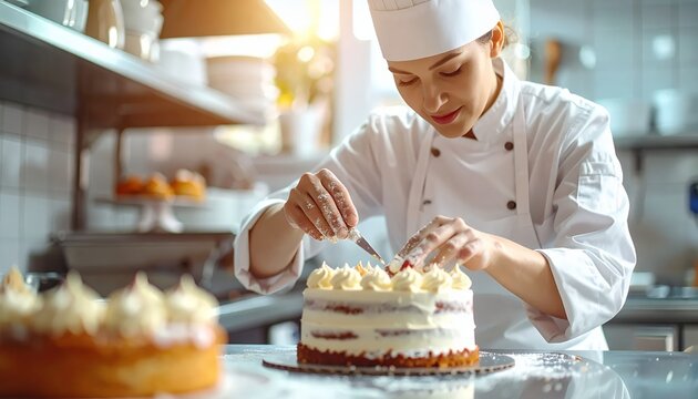 Female Pastry Chef Decorating a Delicious Cake in a Professional Kitchen.