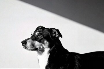 A high contrast black and white profile portrait of a dog looking to the side against a divided light and shadow background. © Yan
