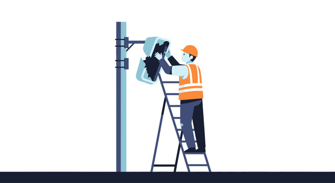 Electrician on Ladder Installing or Repairing Streetlight on Pole