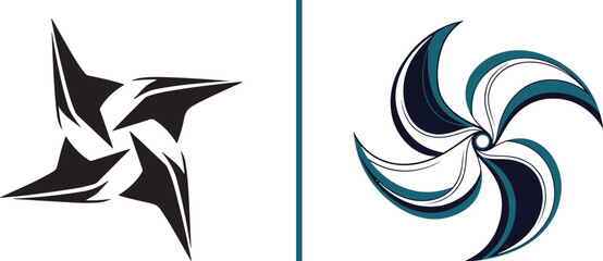 Two abstract circular logos representing rotation. The left is a sharp, black four-point starburst with jagged edges  the right is a teal and black four-blade propeller with smooth, layered curves. © reza