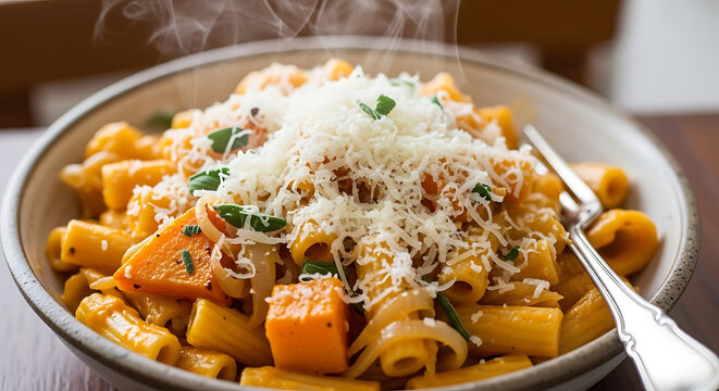 Close up of pumpkin mac and cheese with herbs and parmesan on transparent background