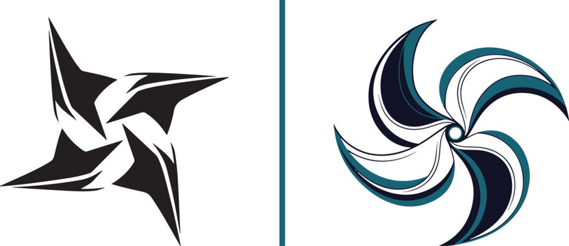 Two abstract circular logos representing rotation. The left is a sharp, black four-point starburst with jagged edges; the right is a teal and black four-blade propeller with smooth, layered curves.