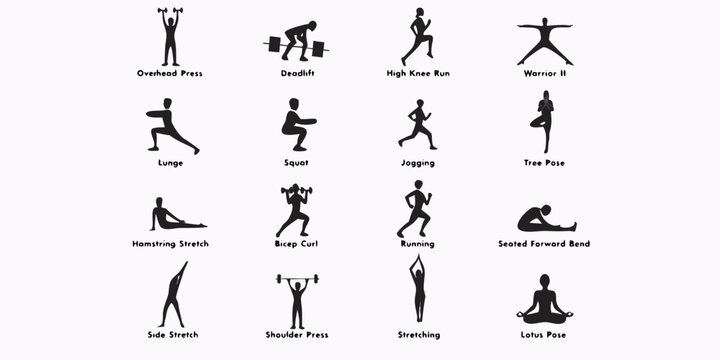 Fitness and exercise icon set: strength training running yoga poses stretching exercises with overhead press high knee run warrior ii tree pose hamstring stretch bicep curl
