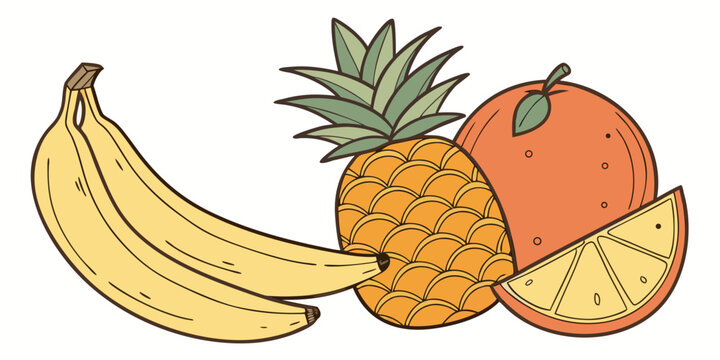 Assorted fruits arranged together: banana pineapple orange slice whole orange depicted in a simple illustration style with flat design orange color pineapple illustration tropical