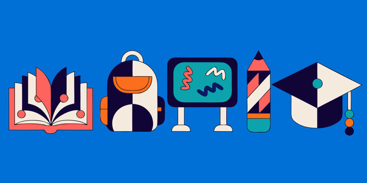 Abstract geometric school icons: open book backpack chalkboard pencil graduation cap on blue background with back to school education abstract geometric backpack chalkboard