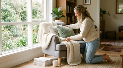 Obraz premium Young Woman Arranging Cozy Blanket and Pillows on Armchair in Bright Minimalist Living Room at Home