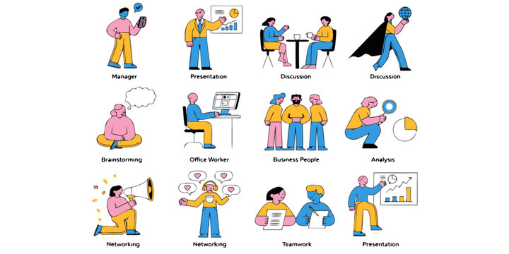 Set of modern flat illustrations depicting business activities and concepts like presentation teamwork brainstorming with flat design business discussion presentation analysis