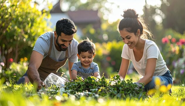 Happy Indian Family Gardening Together in a Sunny Outdoor Setting.