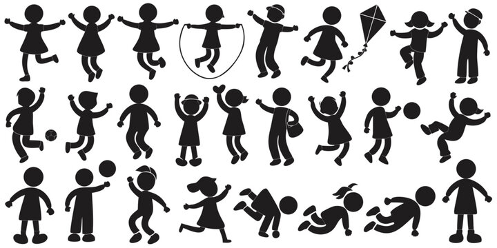 Group of children silhouettes engaged in various playful activities and games with skipping rope flying kites children playing child playing kid playing activities for kids