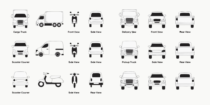 Line art icons of various delivery and pickup vehicles from multiple views including front side rear for cargo trucks scooters vans pickups with black and white delivery front view
