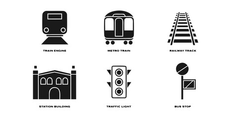 Solid icon set featuring public transportation elements: train engine metro train railway track station building traffic light bus stop public transport black and white map element © Tff