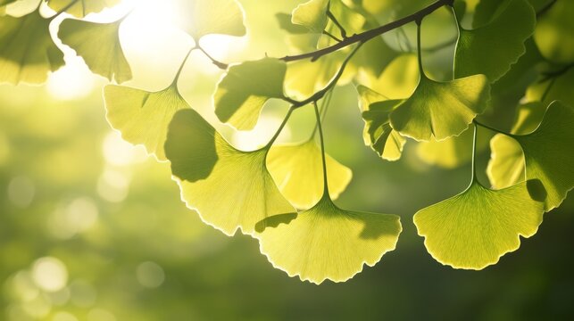 ginkgo biloba tree branch with rare fan-shaped leaves generative ai
