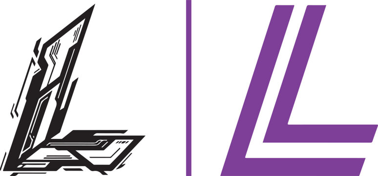 Two high-tech vector logos of the letter "L": a black cyber-inspired design with intricate mechanical lines and a purple sports-style icon featuring bold parallel stripes and sharp angles.