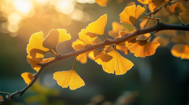 ginkgo biloba tree branch with rare fan-shaped leaves generative ai
