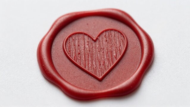 Red wax seal with heart on white background