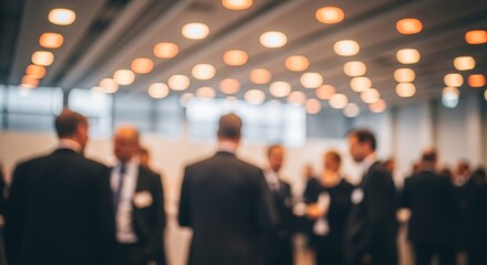Naklejka premium Blurred group of professionally dressed business people attending a formal event indoors with warm ceiling lights