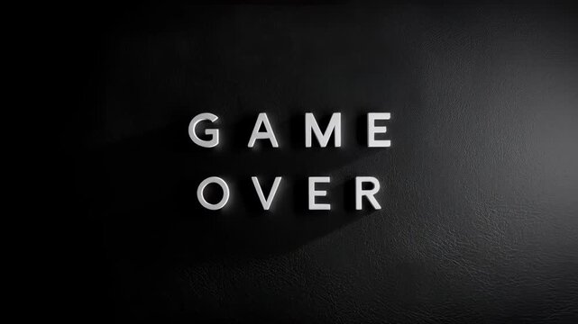 3D Game Over text with moving light and changing shadows on dark textured background