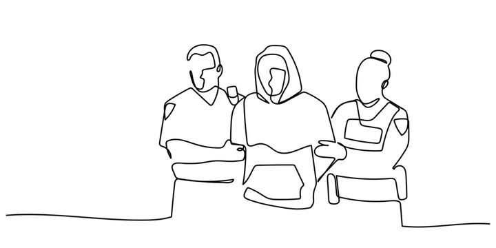 Single continuous line drawing of a criminal arrested by two police officers. One line design vector illustration Editable stroke.