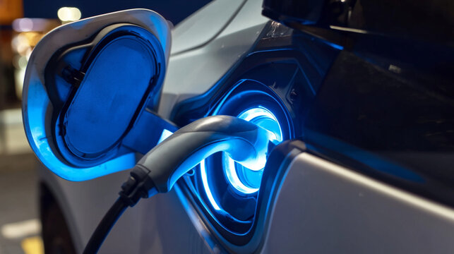 Electric Vehicle Charging at Night: EV Plug-In at Urban Charging Station with Blue Light, Eco-Friendly Technology and Sustainable Transport Network in Modern Urban Environment