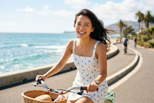 海沿いの道を自転車で走る笑顔の日本人女性の休日 Generative AI