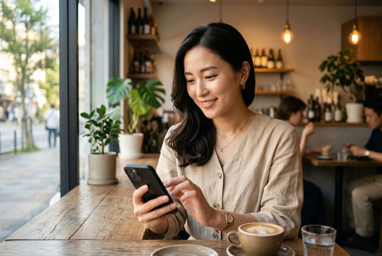 カフェの窓際でスマホを操作する笑顔の日本人女性 Generative AI