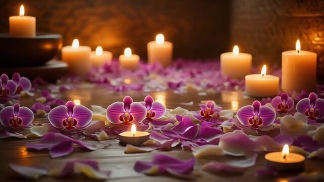 Ultra-realistic full-frame video of a serene therapy room covered with scattered fragrant orchid petals, dozens of softly glowing candles placed around the room, warm ambient lighting reflecting on pe
