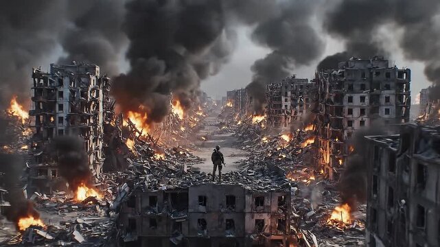 Armed Soldier Standing Amidst Blazing City Ruins and Heavy Smoke