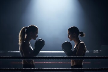 Fototapeta premium Two female boxers face off in a dramatic, dimly lit boxing ring under spotlights