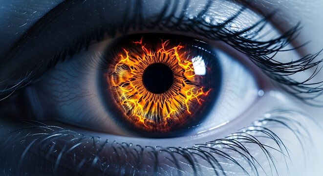 Close-up of an eye, the iris ablaze with fiery patterns and reflections
