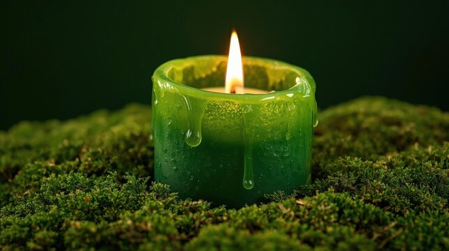 A green candle with melting wax burns gently, placed on a lush bed of moss in a dark, natural setting.