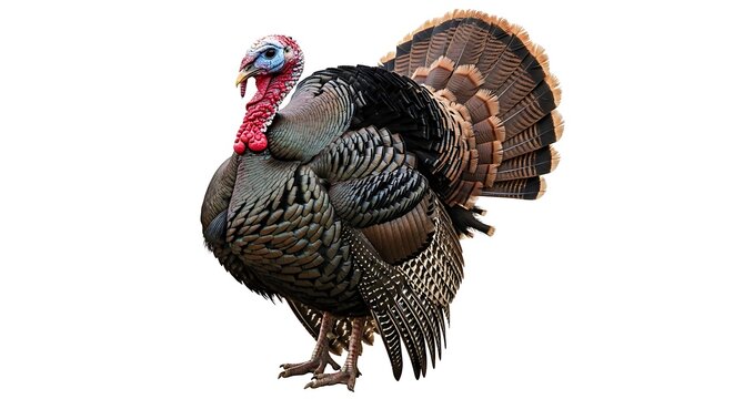 Two turkeys with colorful heads standing on a white background birds poultry feathers